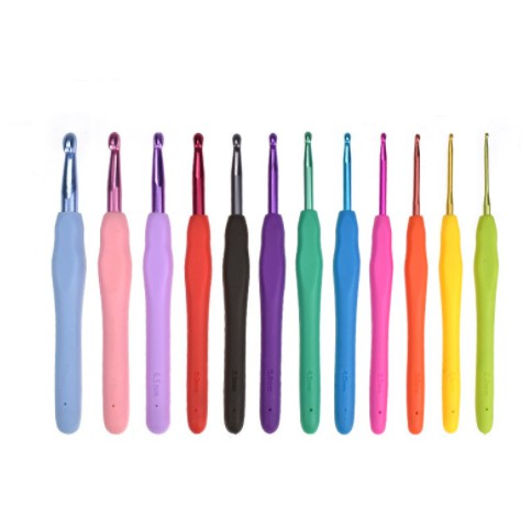 ANEKA - Hakpen Gagang Karet 12 sizes SET / Silicone Handle Aluminium Crochet Hooks - Seri Rainbow
