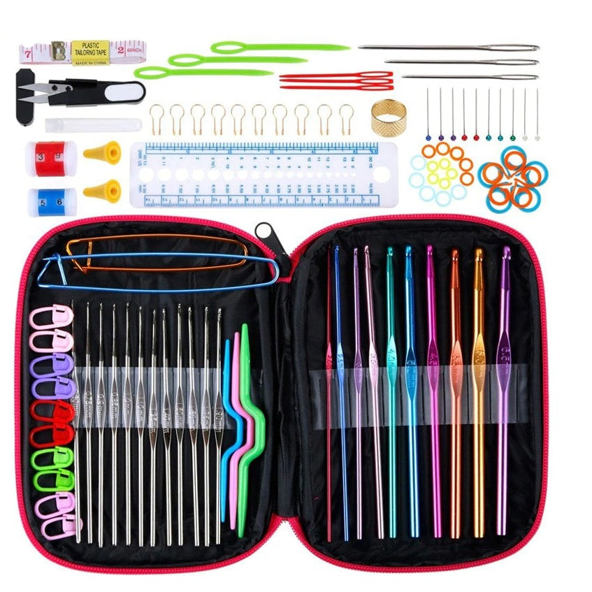 ANEKA - Hakpen (Alat/Jarum Rajut) ANK Alumunium dompet PINK / With Bag Crochet Hooks ISI 100 - SET