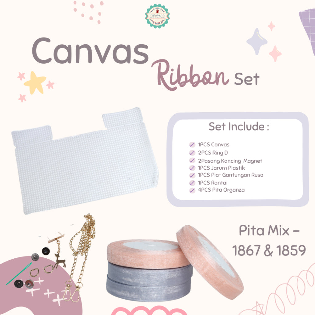 ANEKA - Canvas Bentuk Tas Plastik With Ribbon / Pita DIY - SET