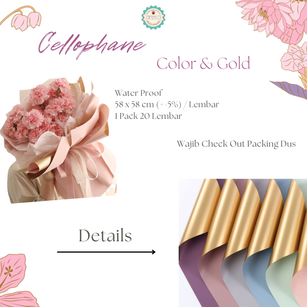 AnekaBenang - [Lembaran] Kertas Cellophane Buket Bunga [ Color & Gold ] Flower Wrapping Paper Celophane