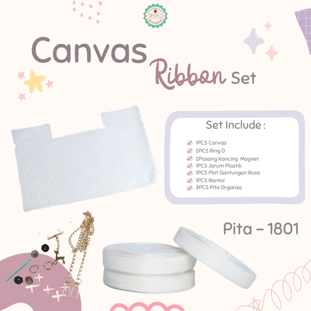 ANEKA - Canvas Bentuk Tas Plastik With Ribbon / Pita DIY - SET