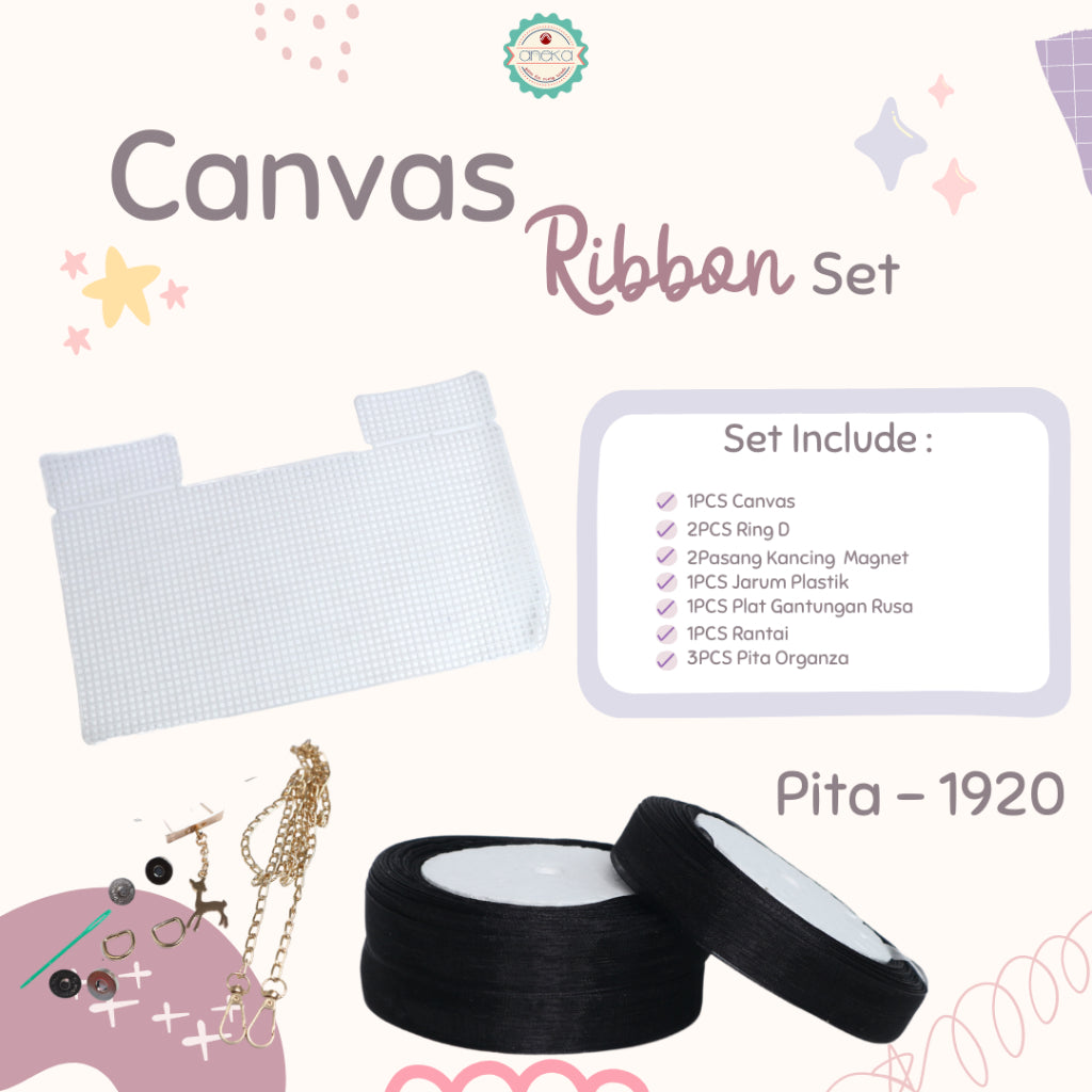 ANEKA - Canvas Bentuk Tas Plastik With Ribbon / Pita DIY - SET