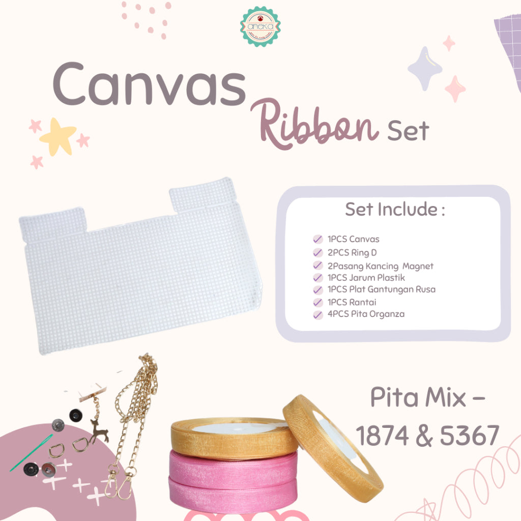 ANEKA - Canvas Bentuk Tas Plastik With Ribbon / Pita DIY - SET