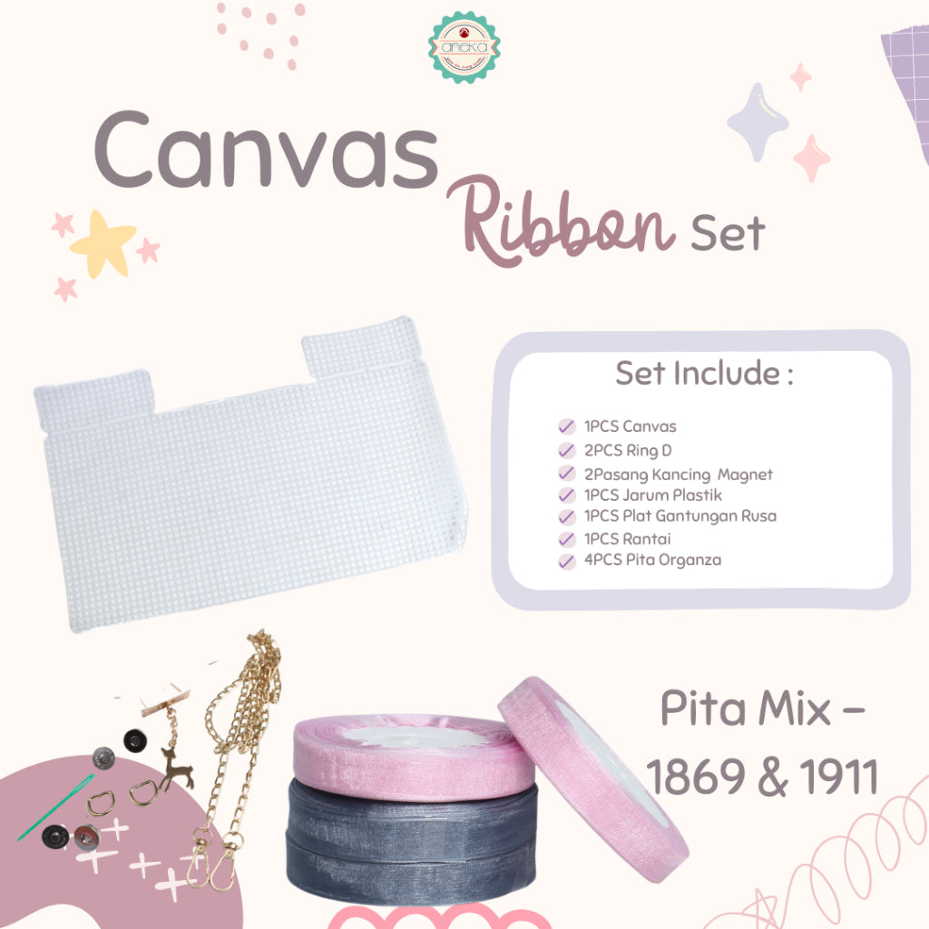 ANEKA - Canvas Bentuk Tas Plastik With Ribbon / Pita DIY - SET