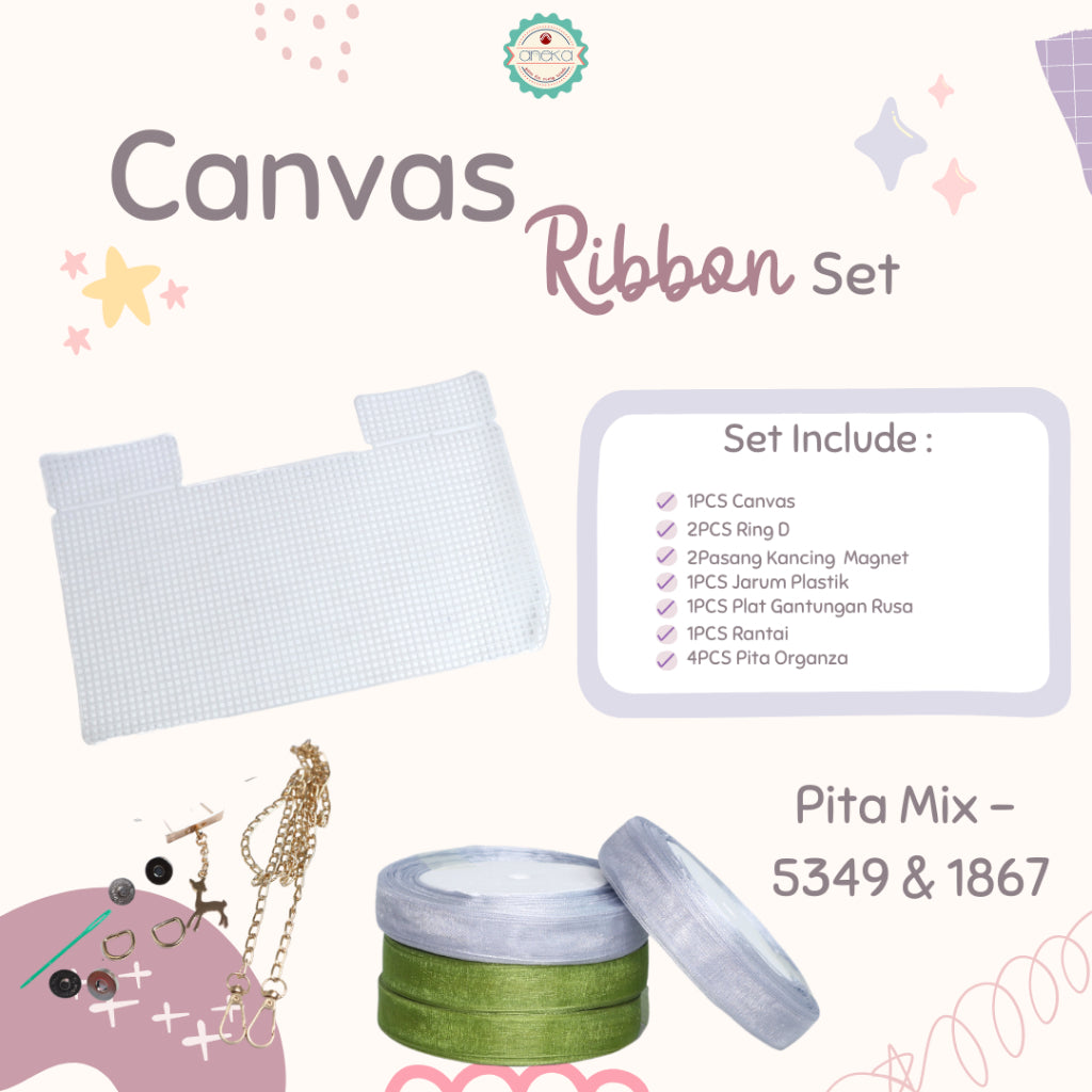 ANEKA - Canvas Bentuk Tas Plastik With Ribbon / Pita DIY - SET