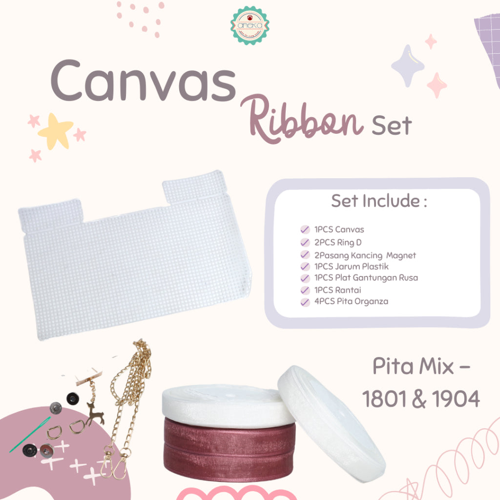 ANEKA - Canvas Bentuk Tas Plastik With Ribbon / Pita DIY - SET