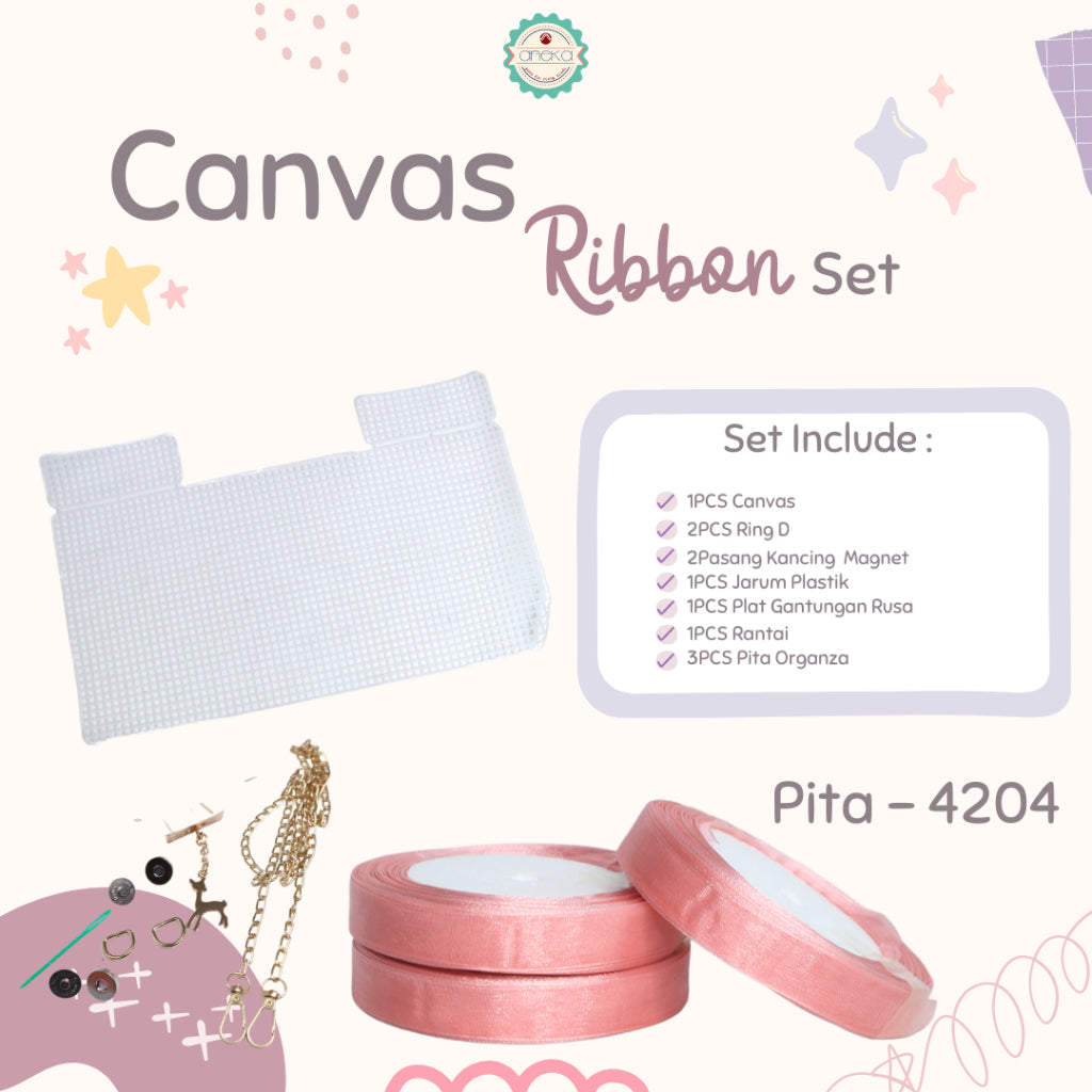 ANEKA - Canvas Bentuk Tas Plastik With Ribbon / Pita DIY - SET