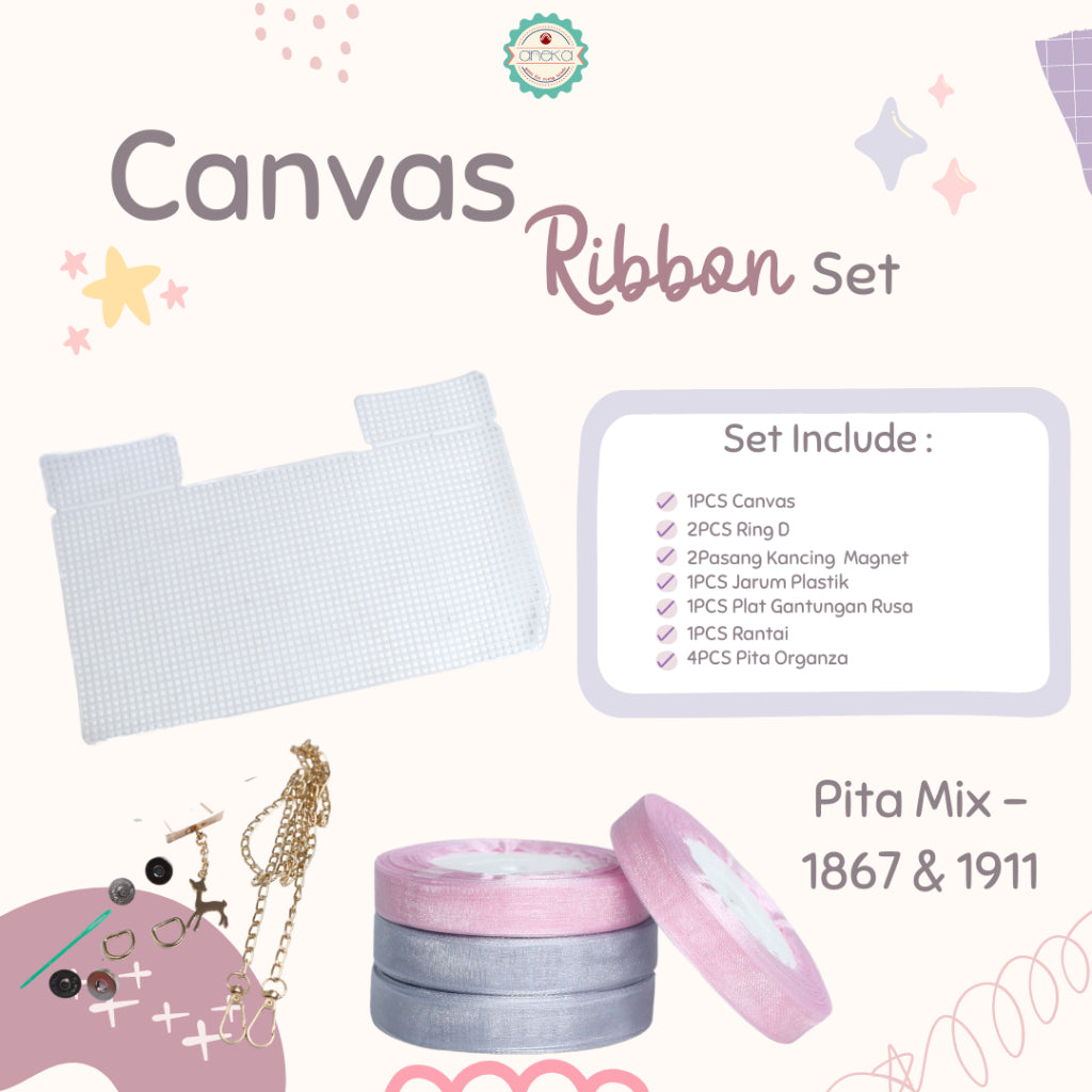 ANEKA - Canvas Bentuk Tas Plastik With Ribbon / Pita DIY - SET