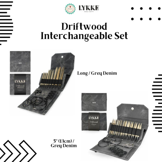 Lykke - Driftwood Interchangeable Set / Alat Rajut Jarum Knitting /Grey Denim / Black Faux Leather / Cacao Fabric