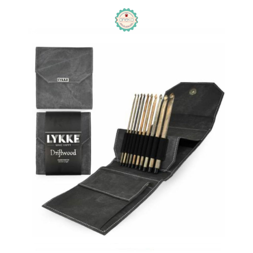 LYKKE - Driftwood Crochet Hook Set / Alat Rajut Jarum Knitting / Grey Denim / / Black Faux Leather