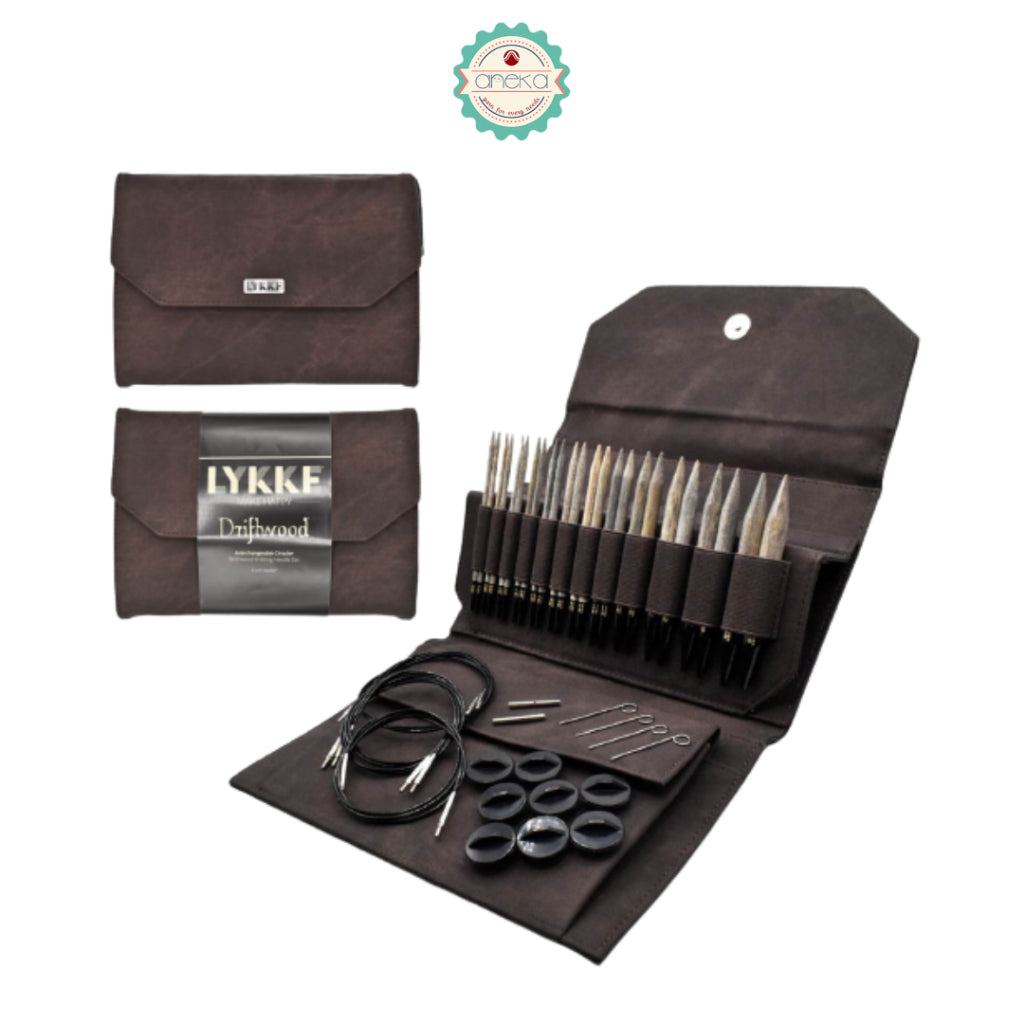 Lykke - Driftwood Interchangeable Set / Alat Rajut Jarum Knitting /Grey Denim / Black Faux Leather / Cacao Fabric