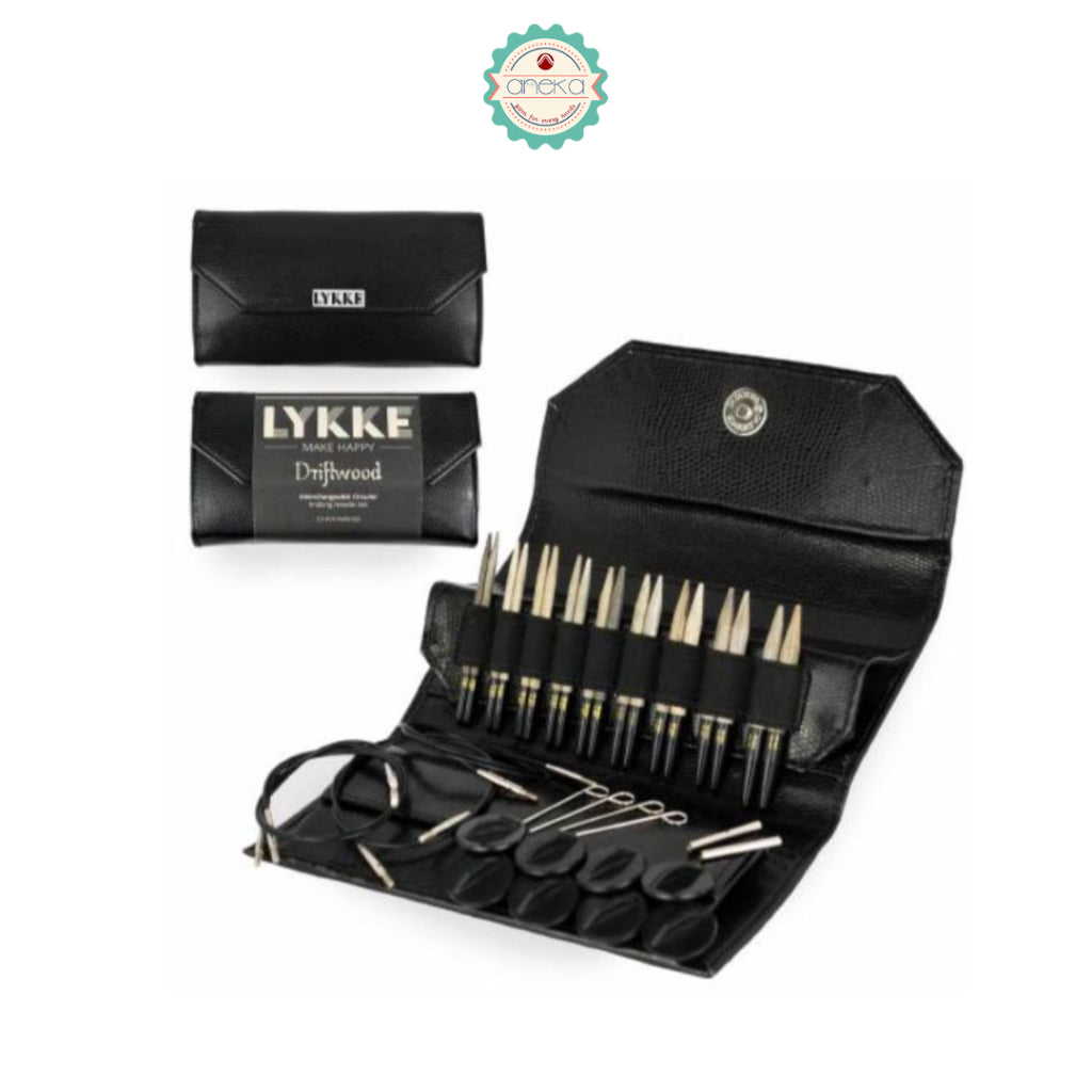 LYKKE - Driftwood Interchangeable Set / Alat Rajut Jarum Knitting /Grey Denim / Black Faux Leather / Cacao Fabric