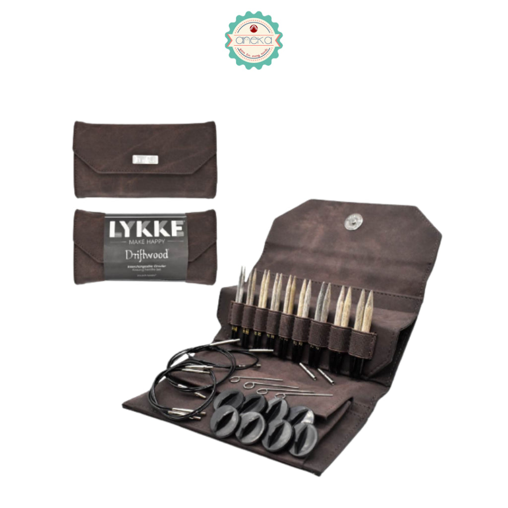 LYKKE - Driftwood Interchangeable Set / Alat Rajut Jarum Knitting /Grey Denim / Black Faux Leather / Cacao Fabric
