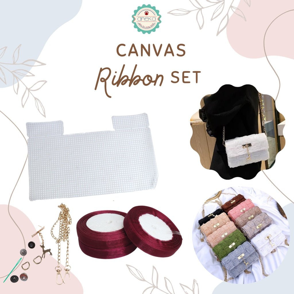 ANEKA - Canvas Bentuk Tas Plastik With Ribbon / Pita DIY - SET