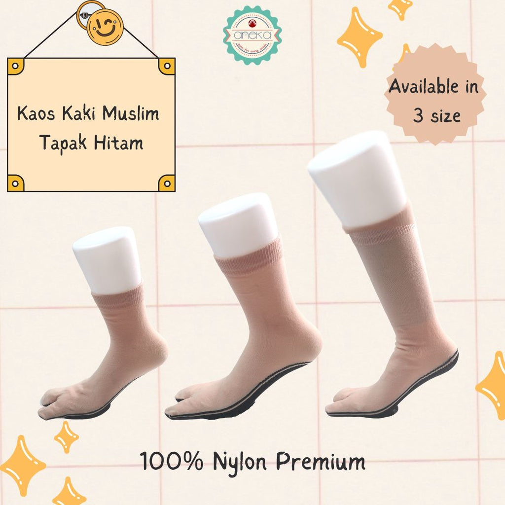 ANEKA - Kaos Kaki Nilon Nylon Warna / Jempol / Muslimah / Muslim - Tapak Hitam Ukuran L / M / S