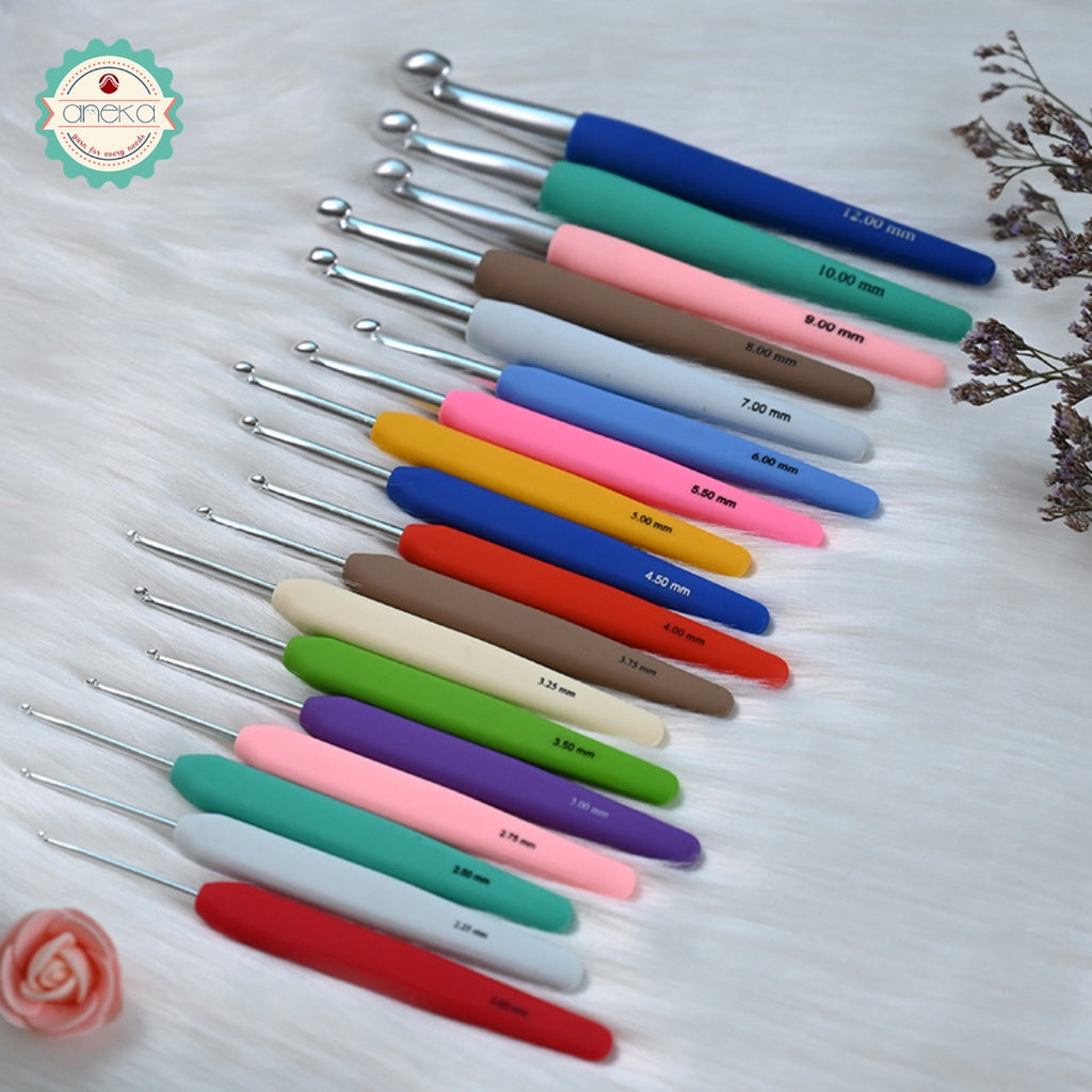 KnitPro - Hakpen (Alat / Jarum Rajut) Alumunium Crochet Silver Hooks Waves With Colorful Soft Feel Handle - Single Ended