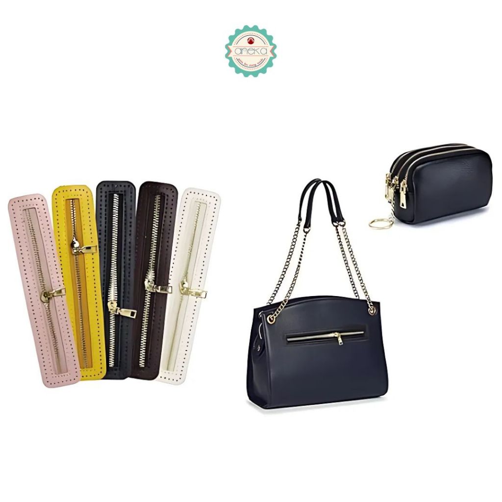 ANEKA - Ritsleting Kulit Tas Dompet Premium / PU Leather Metal Zippers Handbag Sewing Zip Frame with Hole / DIY Bags, Craft Accessories