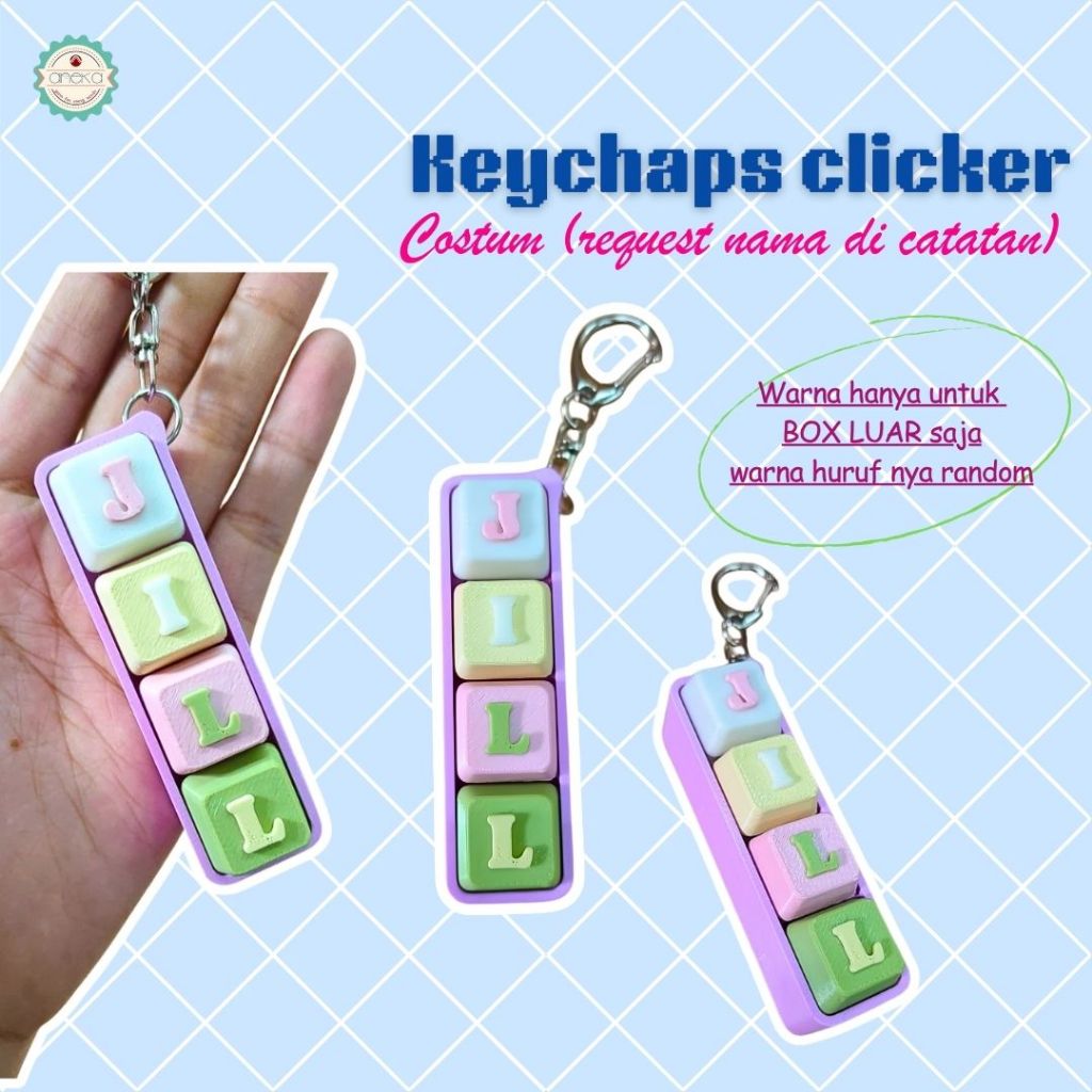 KATALOG - 3D Print Fidget Clicker Keyboard Keychain Name / Gantungan Kunci Klik Penghilang Stress