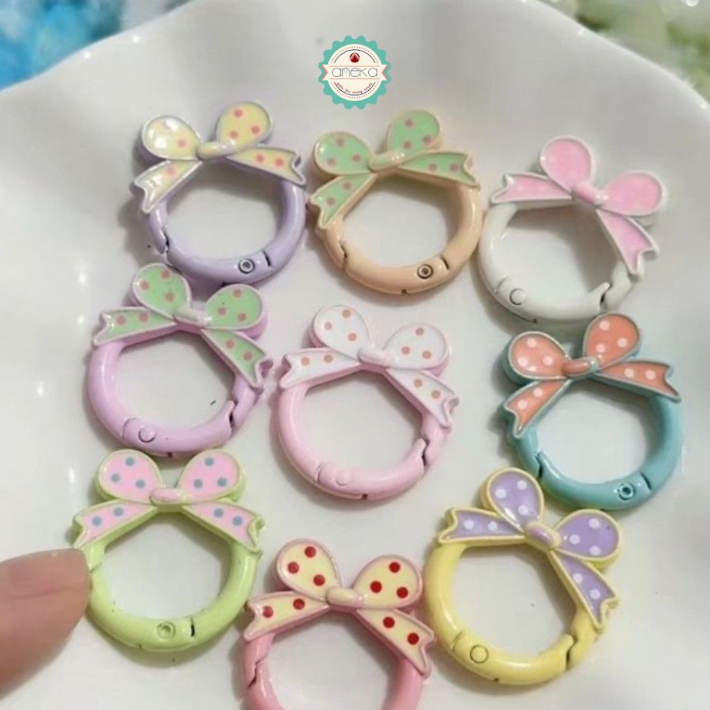 ANEKA - [5PCS] Kait Carabiner Bentuk Bulat Pita Polkadot / Keychain Ring Bow Premium