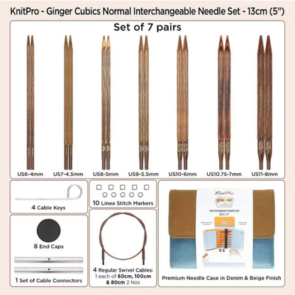 KNITPRO - Ginger Cubics Normal Interchangeable Needle Sets - 13cm (5”) - 10cm (4") / Alat Rajut Knitting