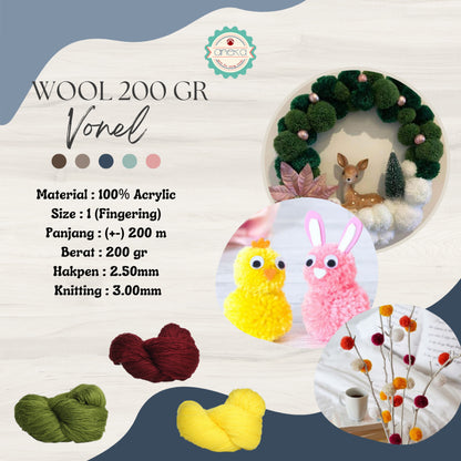 KATALOG - Benang Rajut Wool / Wol / Siet Yarn 200 gram VONEL (BENTUK HANK, TIDAK DIGULUNG) PART 1