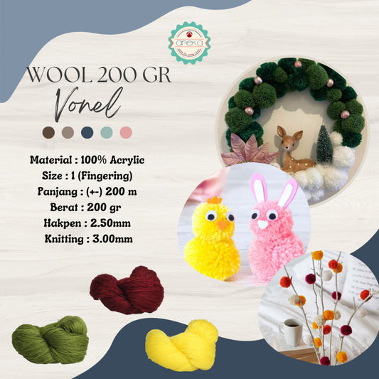 KATALOG - Benang Rajut Wool / Wol / Siet Yarn 200 gram VONEL (BENTUK HANK, TIDAK DIGULUNG) PART 1