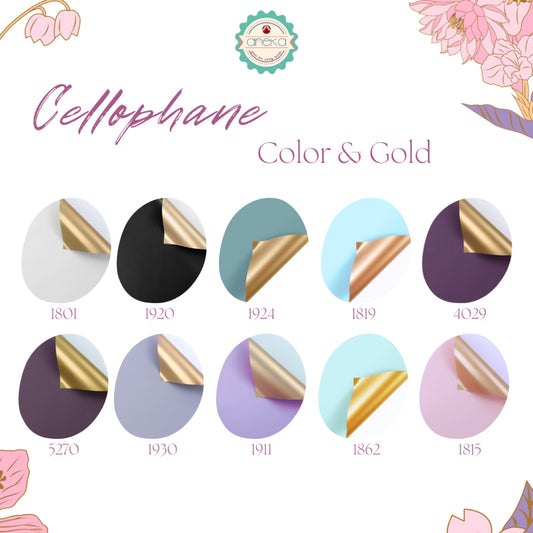 ANEKA - [ 20 Lembar ] Kertas Cellophane Buket Bunga [ Color & Gold ] Flower Wrapping Paper Celophane