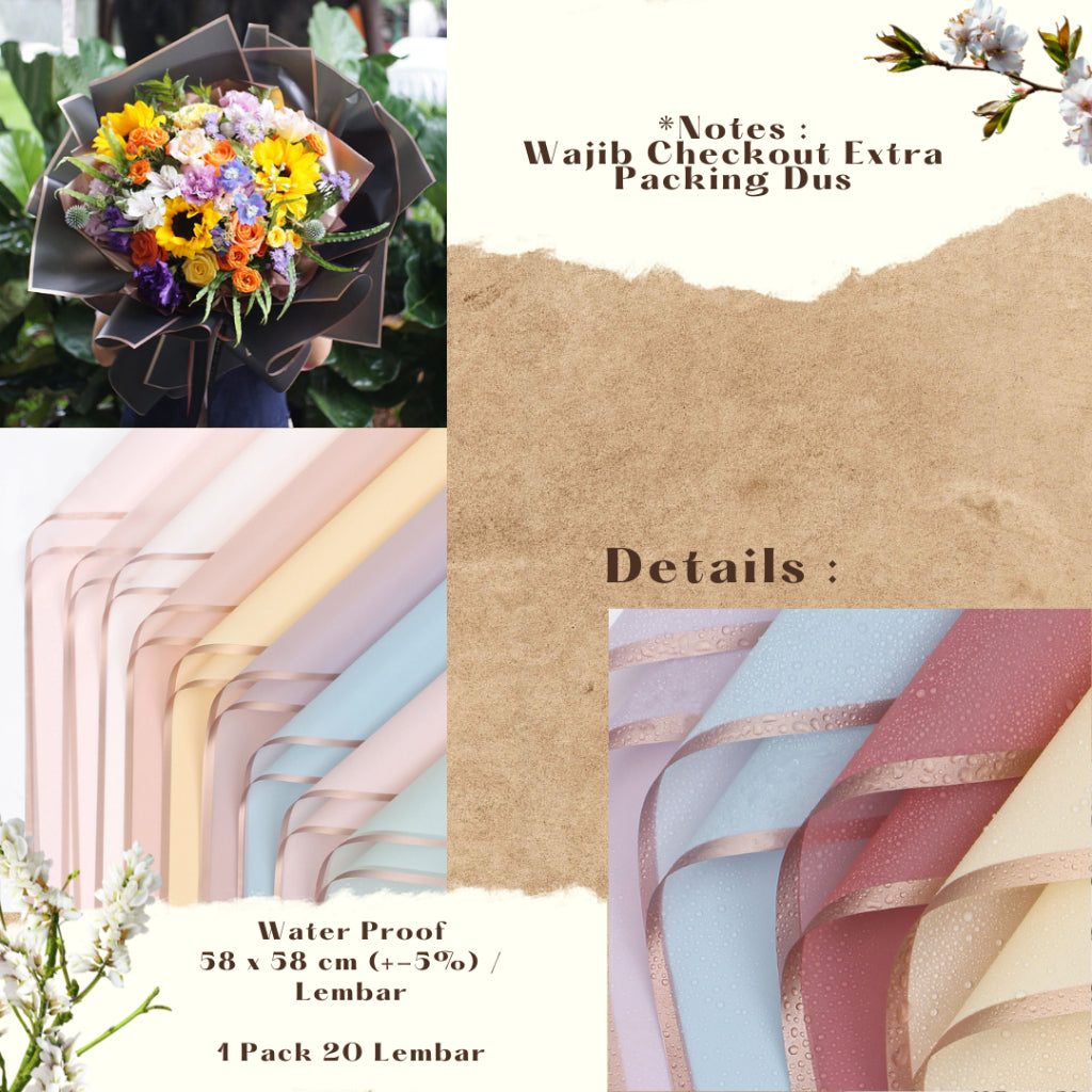 AnekaBenang - [ PACK ] Flower Bouquet Cellophane Paper [Gold Line] Flower Wrapping Paper Celophane