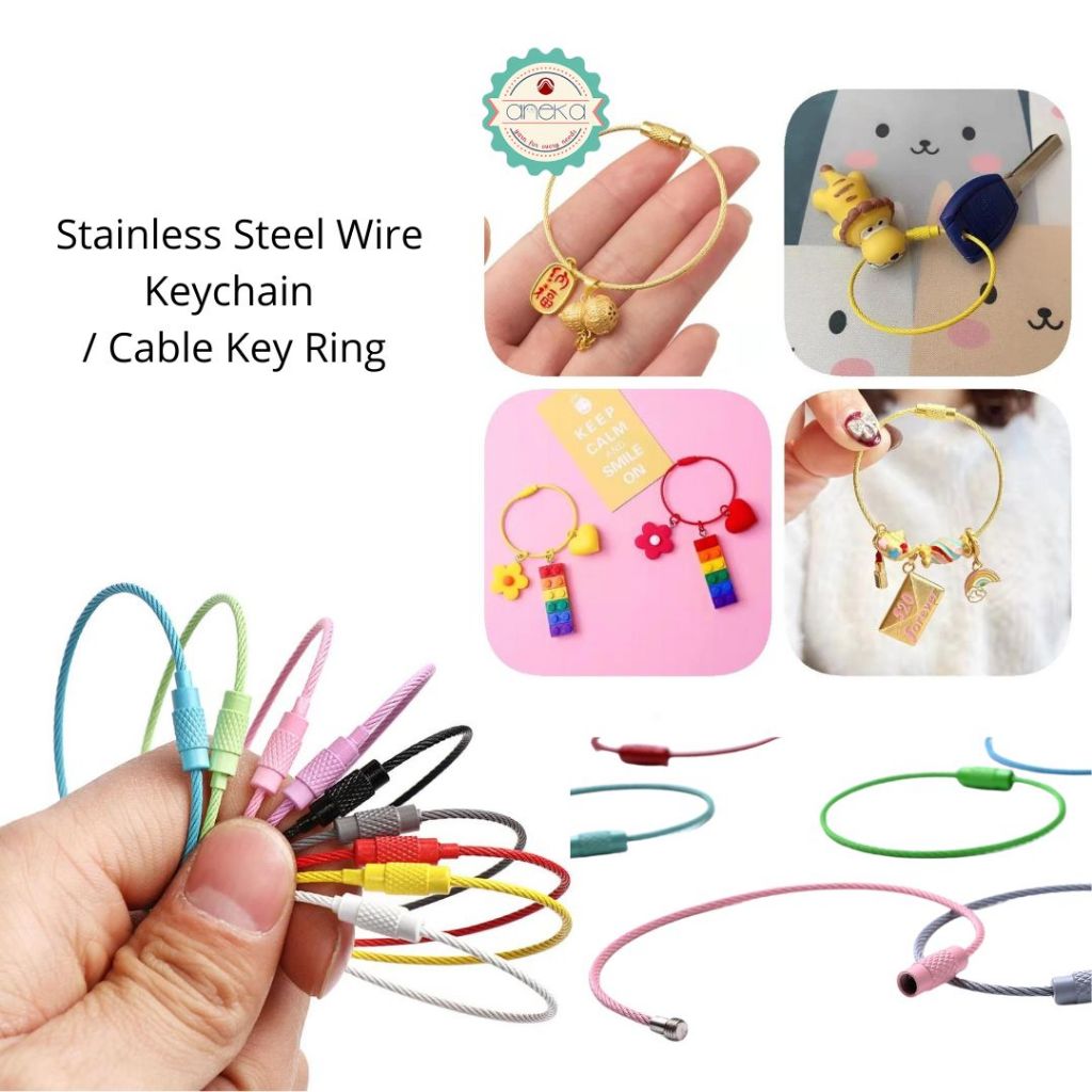 ANEKA - [5 PCS] Kable Kunci / Multi Color Stainless Steel Wire Keychain Cable Key Ring Loop Assorted