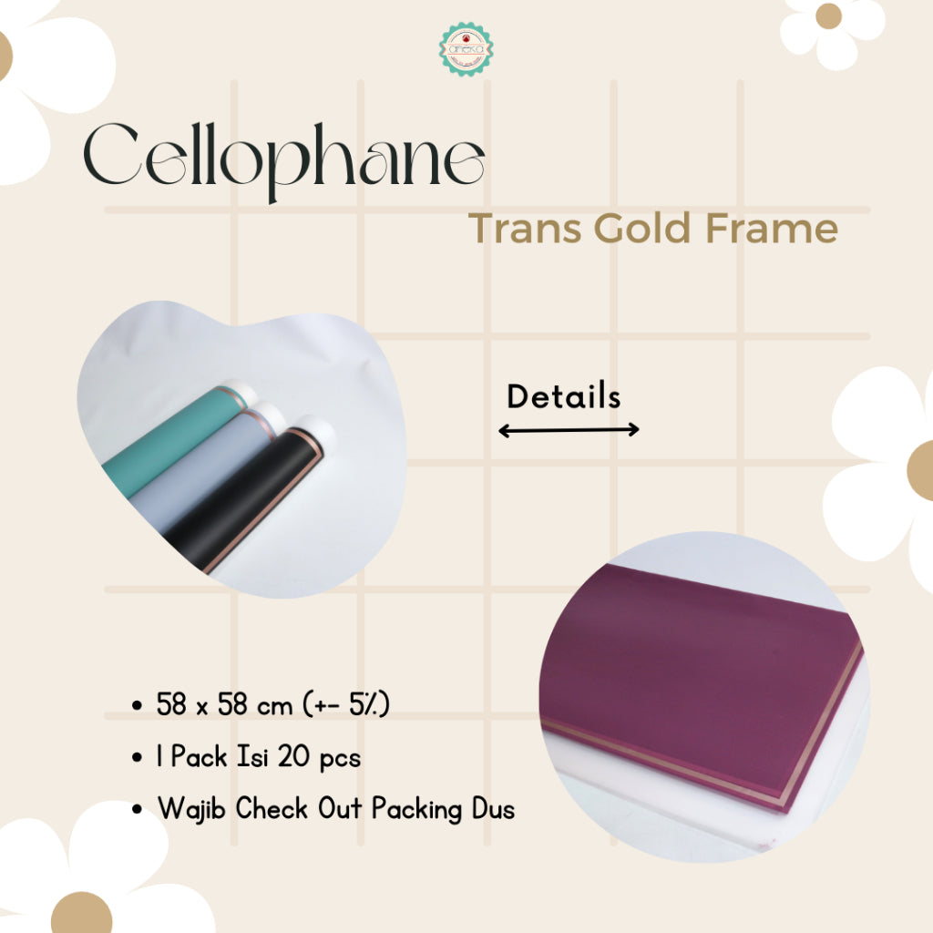 ANEKA - [ LEMBARAN ] Kertas Cellophane Buket Bunga [Trans Gold Frame] Flower Wrapping Paper Celophane