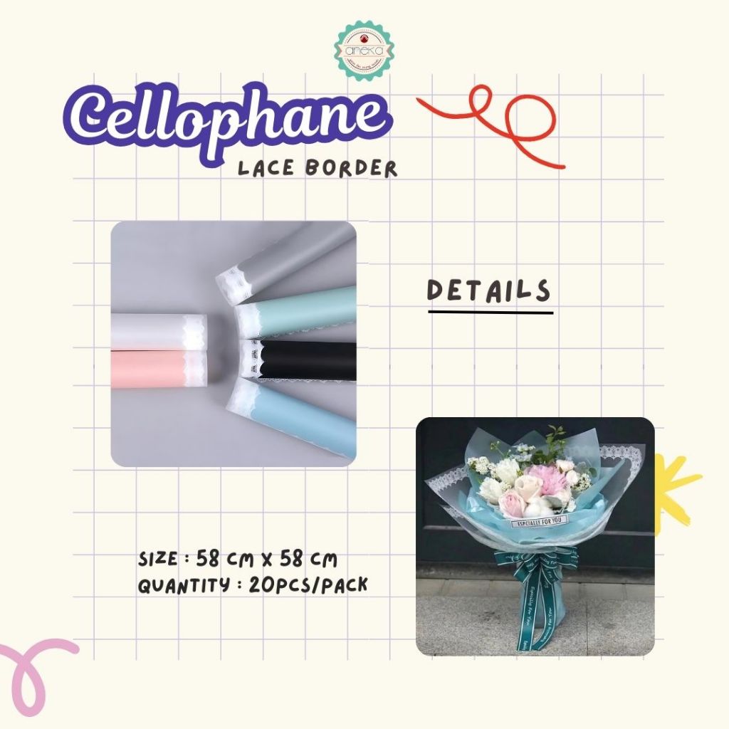 AnekaBenang - [ PACK ] Kertas Cellophane Buket Bunga [ Lace Border ] Flower Wrapping Paper Celophane