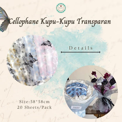 AnekaBenang - [ PACK ] Kertas Cellophane Buket Bunga [ Kupu-Kupu Transparan ] Flower Wrapping Paper Celophane