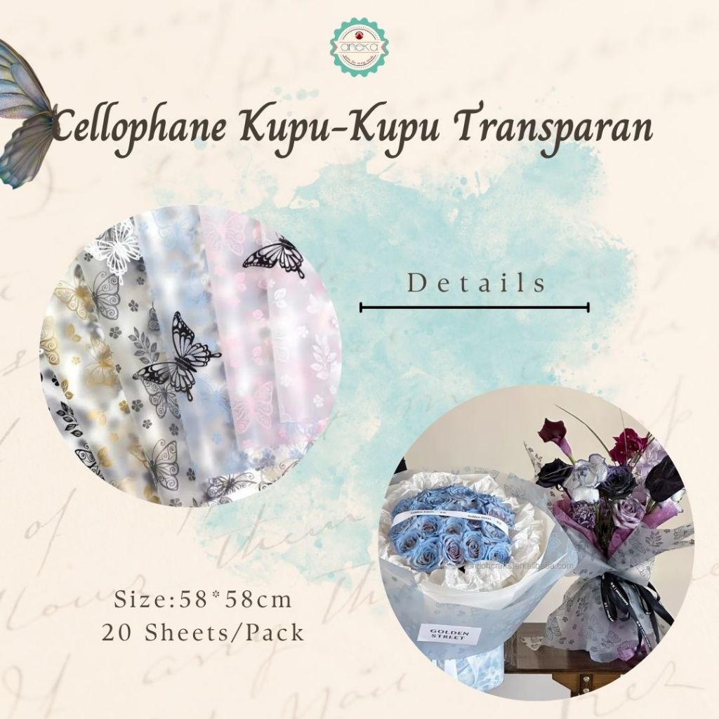 ANEKA - [ LEMBARAN ] Kertas Cellophane Buket Bunga [ Kupu-Kupu Transparan ] Flower Wrapping Paper Celophane