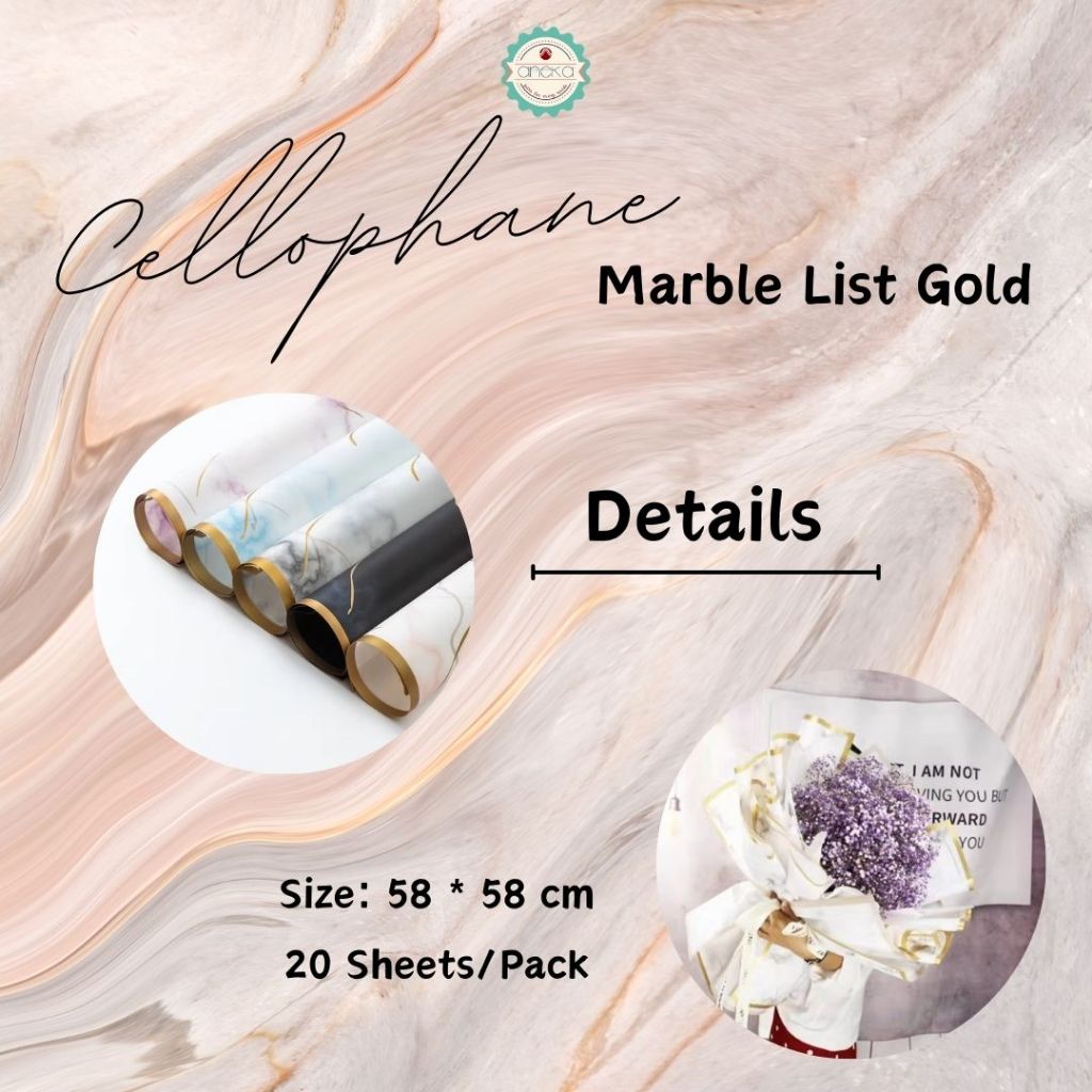 AnekaBenang - [ PACK ] Kertas Cellophane Buket Bunga [ Marble List Gold ] Flower Wrapping Paper Celophane