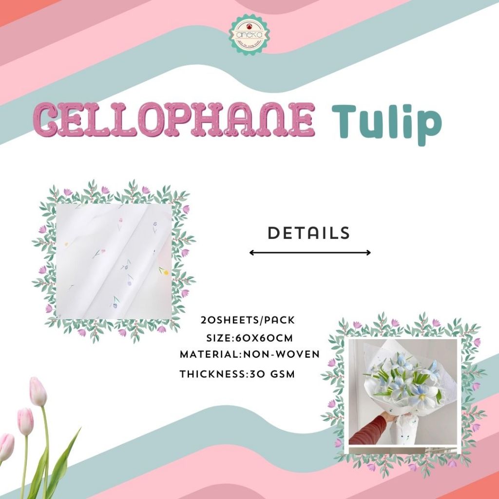 AnekaBenang - [ PACK ] Kertas Cellophane Buket Bunga [ Motif Tulip ] Flower Wrapping Paper Celophane