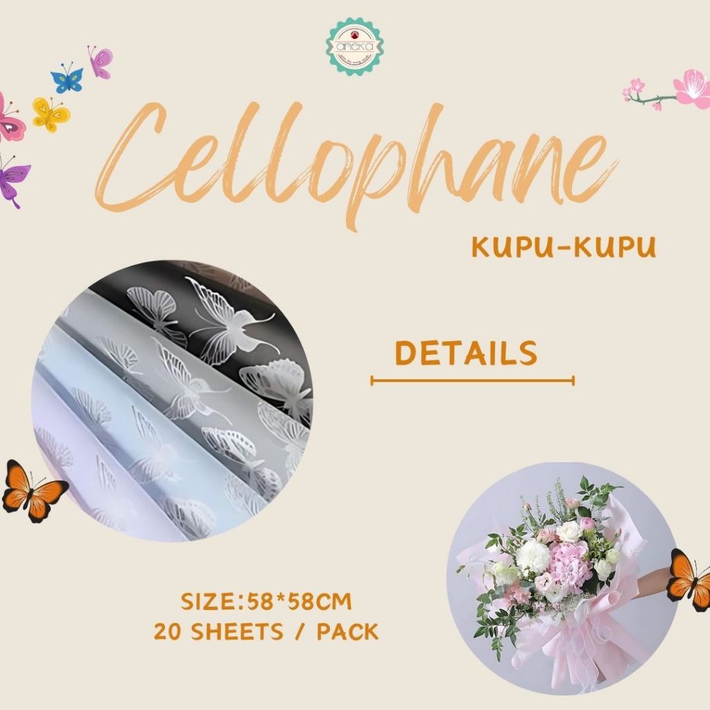 AnekaBenang - [ PACK ] Kertas Cellophane Buket Bunga [ Kupu-Kupu ] Flower Wrapping Paper Celophane