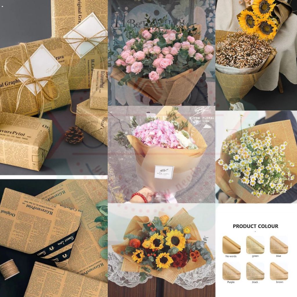 AnekaBenang - [ PACK ] Kertas Cellophane Buket Bunga [ Newspaper Vintage ] Flower Wrapping Paper Celophane