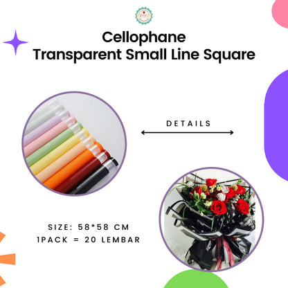 AnekaBenang - [ 20 Lembar ] Kertas Cellophane Buket Bunga [Transparent Small Line Square] Flower Bouquet Wrapping Paper Celophane