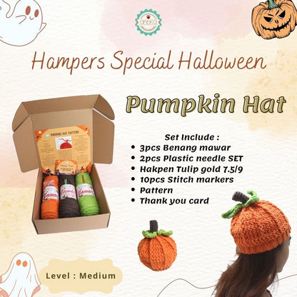 DIY Pumpkin Hat Starter KIT Paket Merajut Pemula Lengkap Benang Rajut Mawar / Hampers DIY Topi Rajut Halloween